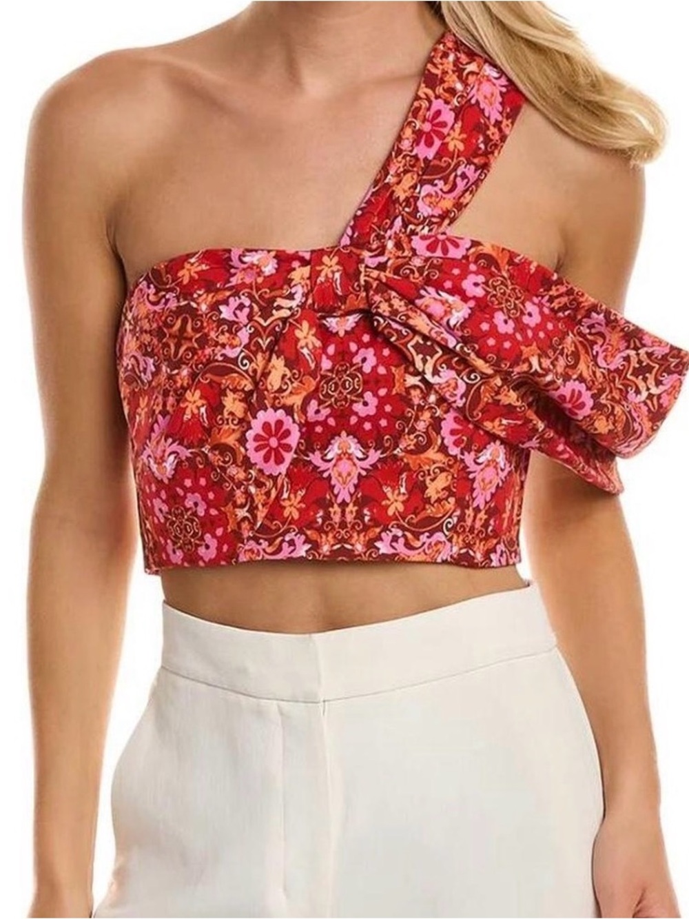 AMUR Red and Pink One-Shoulder Floral Bow Crop Top